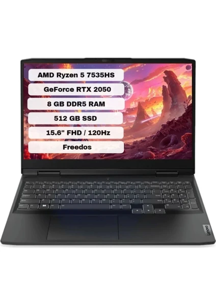 IdeaPad Gaming 3 15ARH7 AMD Ryzen 5 7535HS 8GB 512GB SSD RTX2050 Freedos 15.6" FHD Taşınabilir Bilgisayar 82SB00SBTX