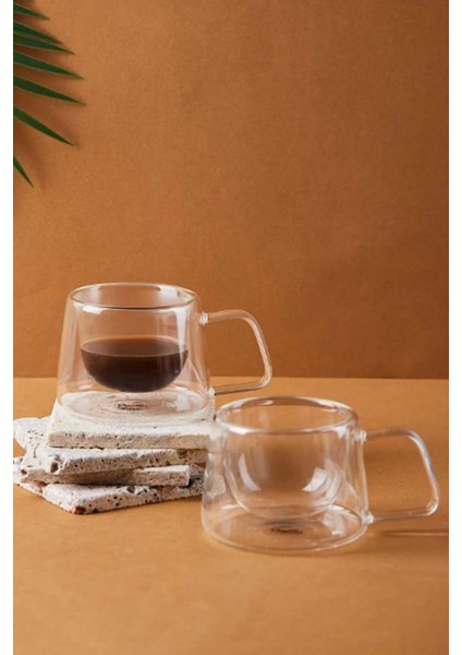 2 Adet - Çift Cidarlı Kulplu Cam Fincan 200 ml - 2 Adet Espresso Fincanı, Çift Cidarlı Kulplu Cam Fincan