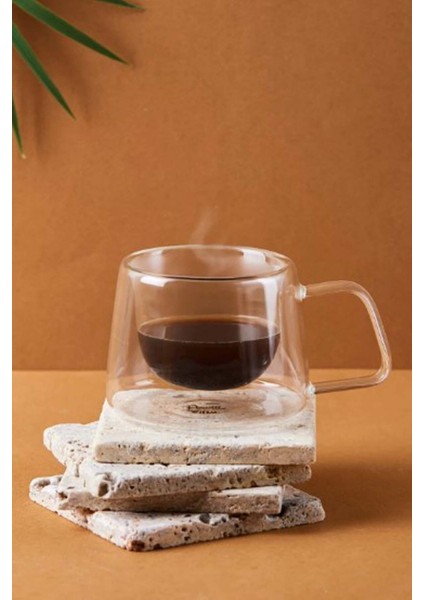 2 Adet - Çift Cidarlı Kulplu Cam Fincan 200 ml - 2 Adet Espresso Fincanı, Çift Cidarlı Kulplu Cam Fincan