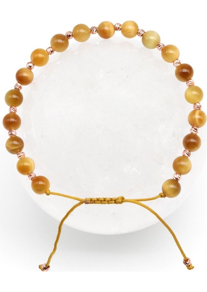 Sarı Kaplan Gözü Doğal Taş Makrome Örme Bileklik Küre Kesim