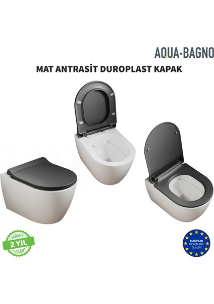 Aqua Bagno Roxy Mat Gri Yavaş Kapanan Klozet Kapağı, Tak Çıkar, Duroplast