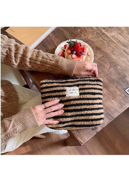Çizgili Peluş Makyaj Çantası/ Seyahat Tipi Çanta Organizer