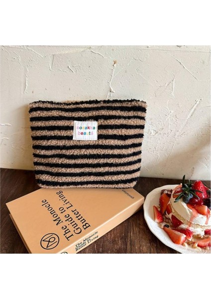 Çizgili Peluş Makyaj Çantası/ Seyahat Tipi Çanta Organizer