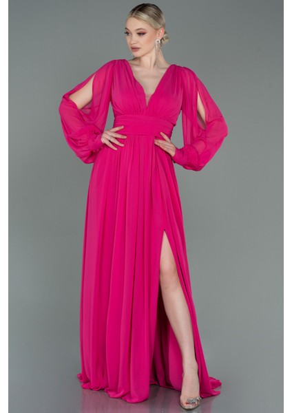 Uzun Kol Bacak Dekolteli Şifon Abiye Elbise ABU1702