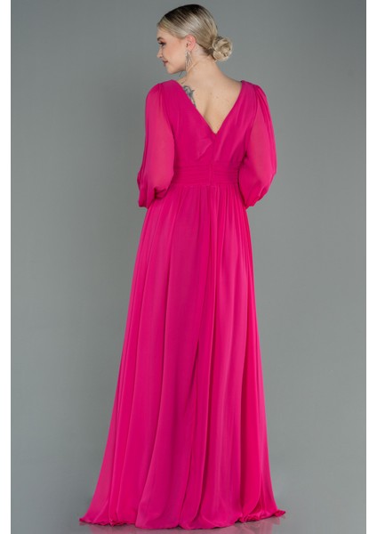 Uzun Kol Bacak Dekolteli Şifon Abiye Elbise ABU1702 fiyatları