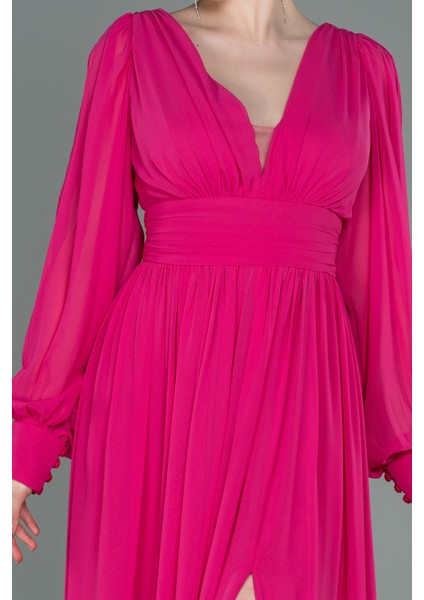 Uzun Kol Bacak Dekolteli Şifon Abiye Elbise ABU1702 modelleri