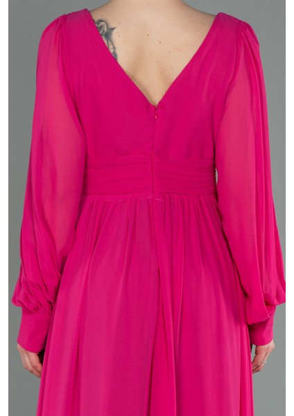 Uzun Kol Bacak Dekolteli Şifon Abiye Elbise ABU1702 fırsatları