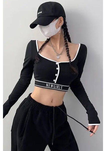 Siyah Düğmeli Beyaz Şeritli Newgirls Uzun Kollu Crop T-Shirt