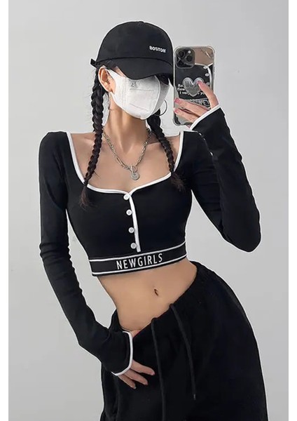 Siyah Düğmeli Beyaz Şeritli Newgirls Uzun Kollu Crop T-Shirt fiyatları