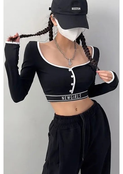 Siyah Düğmeli Beyaz Şeritli Newgirls Uzun Kollu Crop T-Shirt modelleri