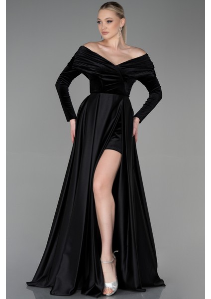 Kadife Uzun Kol Saten Abiye Elbise ABU2083