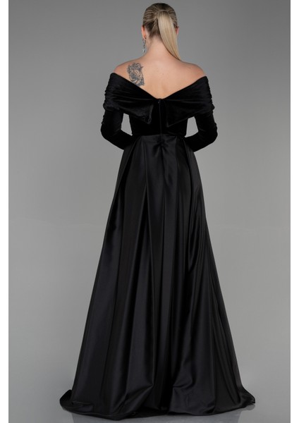 Kadife Uzun Kol Saten Abiye Elbise ABU2083 fiyatları