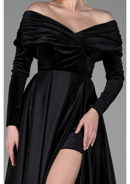 Kadife Uzun Kol Saten Abiye Elbise ABU2083 modelleri