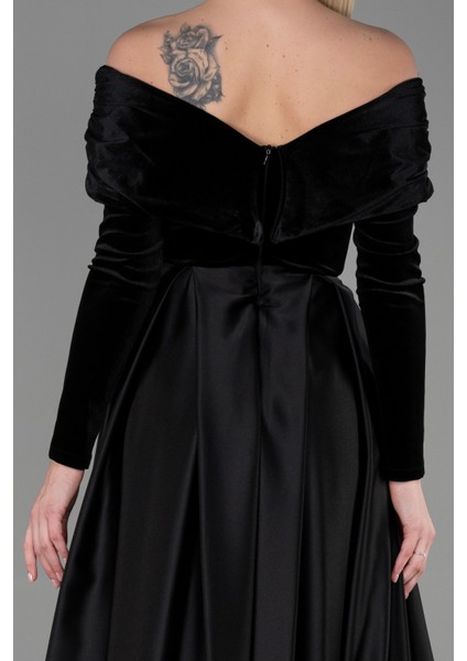 Kadife Uzun Kol Saten Abiye Elbise ABU2083 fırsatları