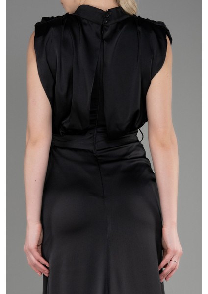 Dik Yaka Kolsuz Uzun Saten Abiye Elbise ABU2133 fırsatları