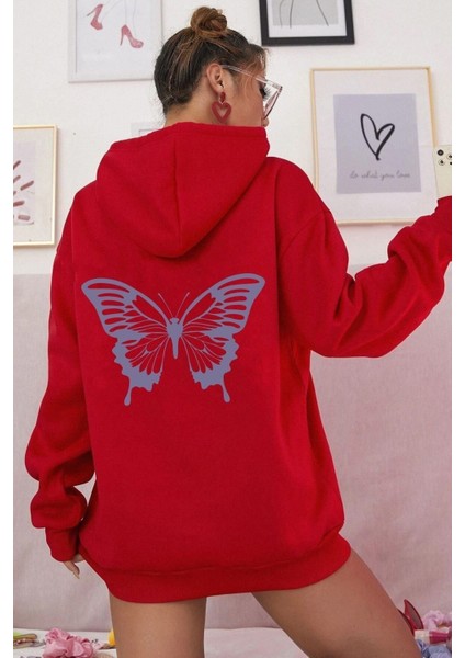 Unisex Butterfly Baskılı Sweatshirt Kp-Kırmızı-Eflatun