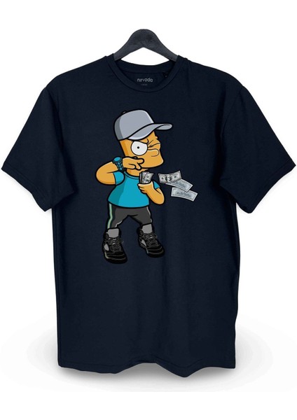 Zengin Bart Simpson Baskılı Loose Fit Bisiklet Yaka Unisex Tişört