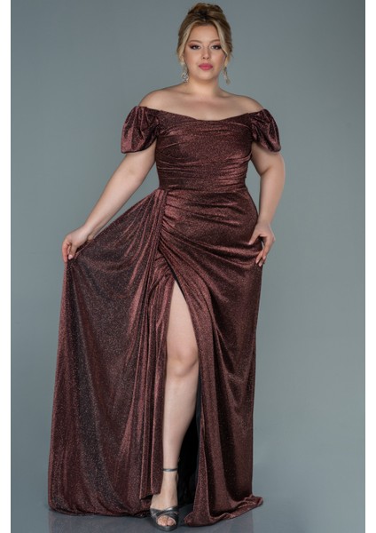 Kayık Yaka Uzun Simli Büyük Beden Abiye ABU2658