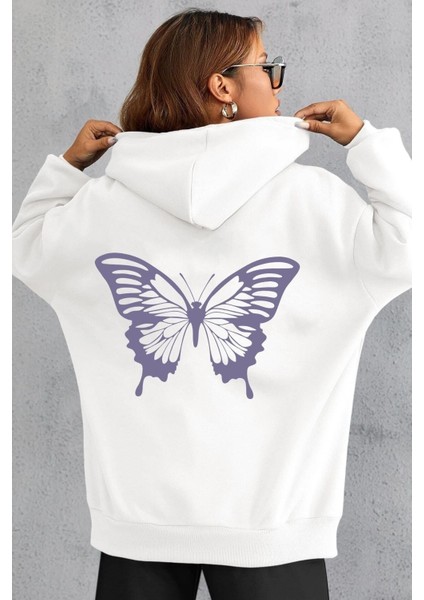 Unisex Butterfly Baskılı Sweatshirt Kp-Beyaz-Eflatun