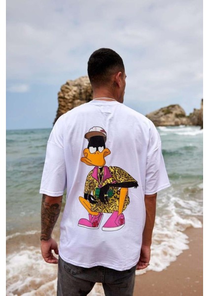 Erkek Duck Baskılı %100 Pamuk Oversize T-Shirt