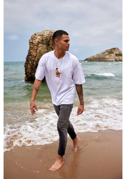 Erkek Duck Baskılı %100 Pamuk Oversize T-Shirt