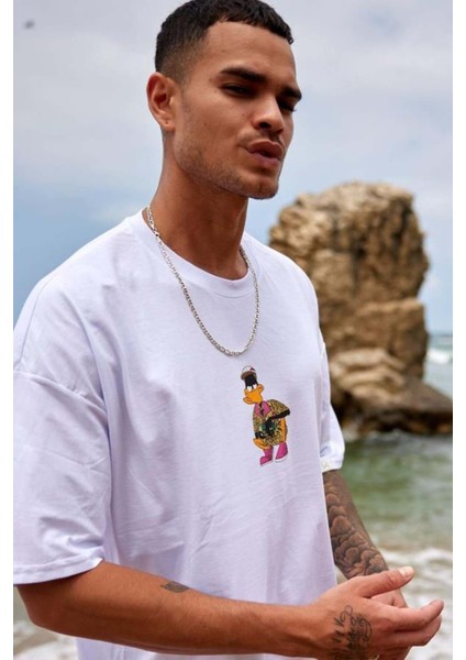 Erkek Duck Baskılı %100 Pamuk Oversize T-Shirt