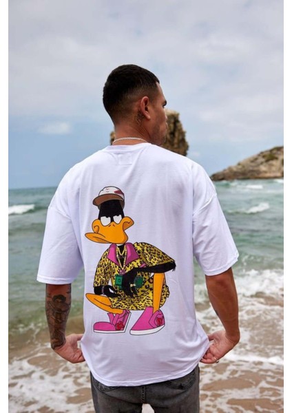 Erkek Duck Baskılı %100 Pamuk Oversize T-Shirt