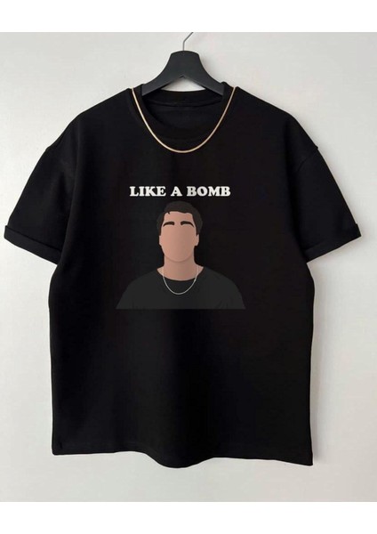 Erkek Siyah Like A Bamb Oversize Bisiklet Yaka Tshirt