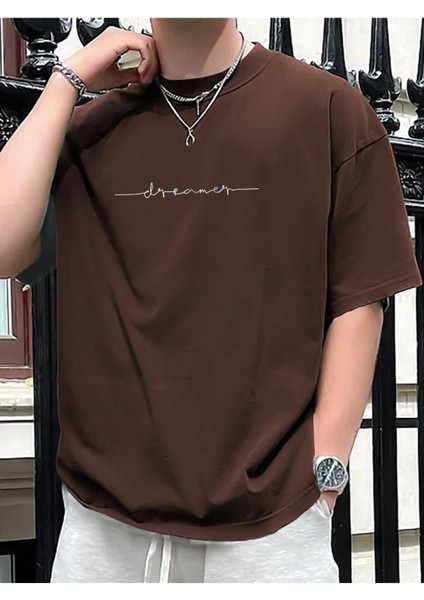 Blacksokak Erkek Kahverengi Dreamer Baskılı Oversize Bisiklet Yaka Tshirt