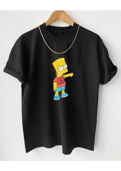 Siyah Bart Simpson Baskılı Oversize Bisiklet Yaka T-Shirt