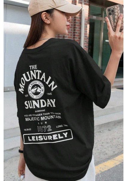 Unisex Siyah Mountain Baskılı Oversize Bisiklet Yaka T-Shirt