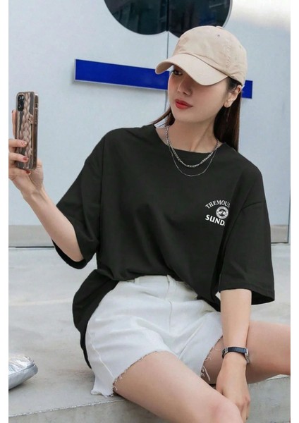 Unisex Siyah Mountain Baskılı Oversize Bisiklet Yaka T-Shirt