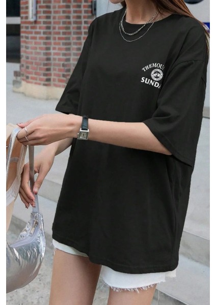 Unisex Siyah Mountain Baskılı Oversize Bisiklet Yaka T-Shirt
