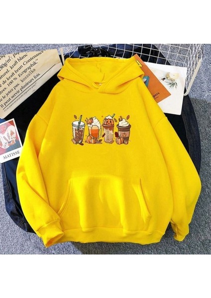 Kadın Hallowen Pumpkin Latte Drink Baskılı Oversize Sarı Kapuşonlu Sweatshirt B