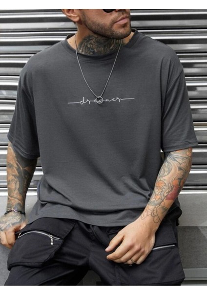 Erkek Antrasit Dreamer Baskılı Oversize Bisiklet Yaka Tshirt