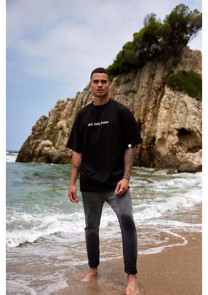 Erkek Çince-Rapci Baskılı %100 Pamuk Oversize T-Shirt