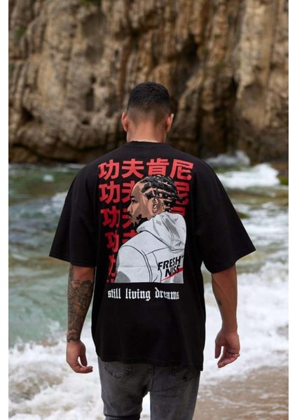 Erkek Çince-Rapci Baskılı %100 Pamuk Oversize T-Shirt