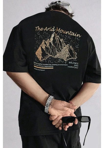 Siyah Arid Mountain Baskılı Oversize Bisiklet Yaka T-Shirt