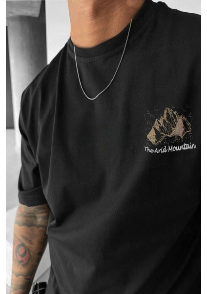 Siyah Arid Mountain Baskılı Oversize Bisiklet Yaka T-Shirt