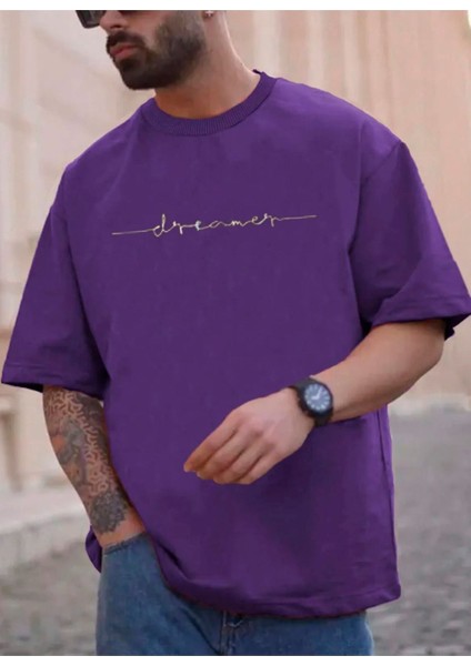 Erkek Mor Dreamer Baskılı Oversize Bisiklet Yaka Tshirt