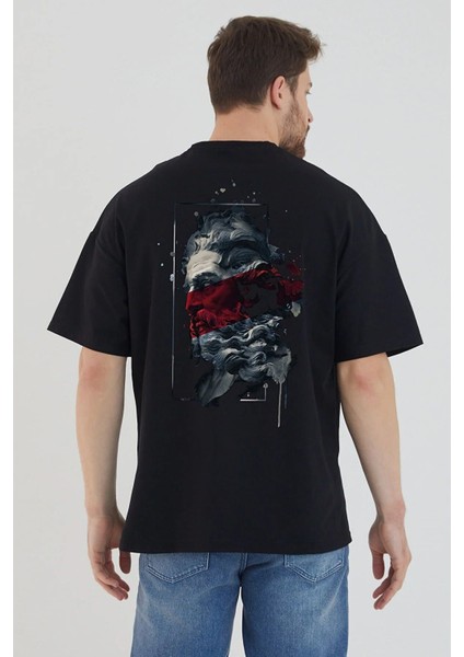 Siyah Zeus Baskılı Oversize Bisiklet Yaka T-Shirt