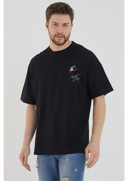 Siyah Zeus Baskılı Oversize Bisiklet Yaka T-Shirt