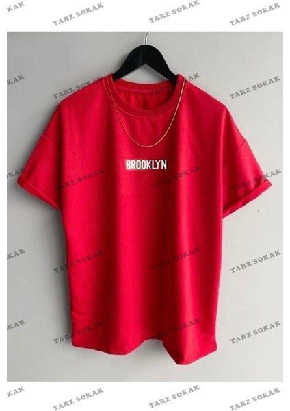 Erkek Kırmızı Brooklyn Baskılı Oversize B