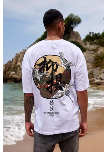 Erkek Çince Baskılı %100 Pamuk Oversize T-Shirt