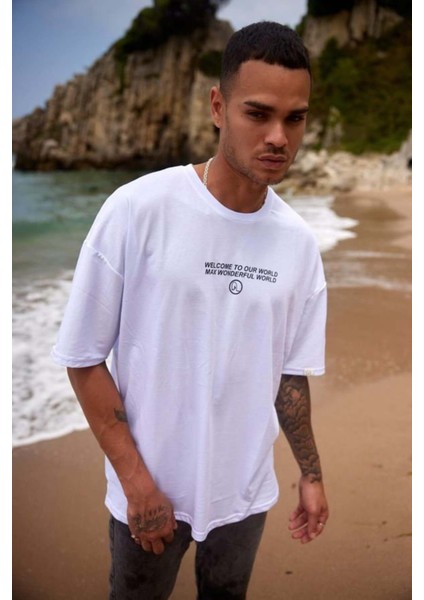 Erkek Çince Baskılı %100 Pamuk Oversize T-Shirt