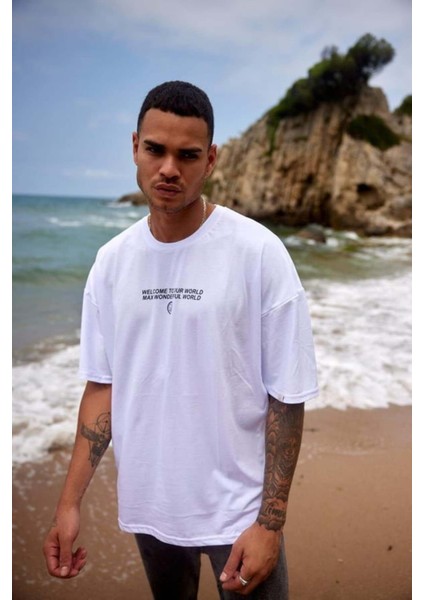 Erkek Çince Baskılı %100 Pamuk Oversize T-Shirt
