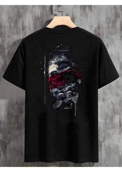 Siyah Zeus Baskılı Oversize Bisiklet Yaka T-Shirt