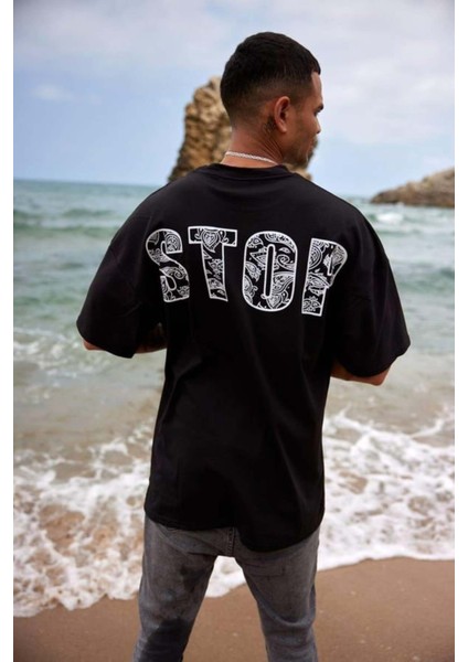 Erkek Stop Baskılı %100 Pamuk Oversize T-Shirt