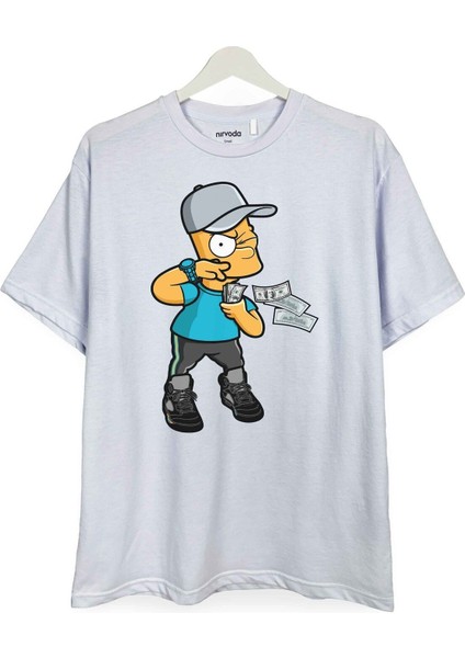 Zengin Bart Simpson Baskılı Loose Fit Bisiklet Yaka Unisex Tişört