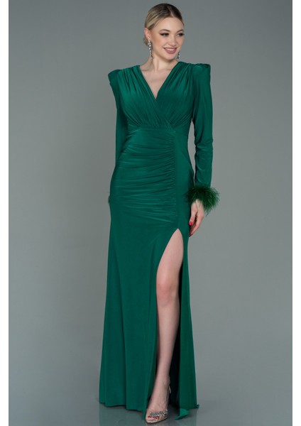 Otrişli Uzun Kol Yırtmaçlı Abiye Elbise ABU2804